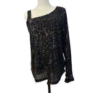 Formal Sequin One Shoulder Top Black Blouse Cable & Gauge Women's Size L